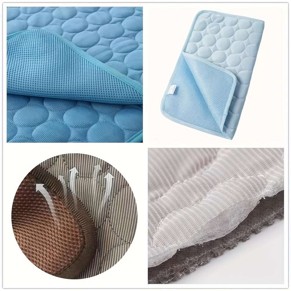 Blue breathable summer pet ice cushion for dogs and cats with cooling polyester material and striped rectangle design