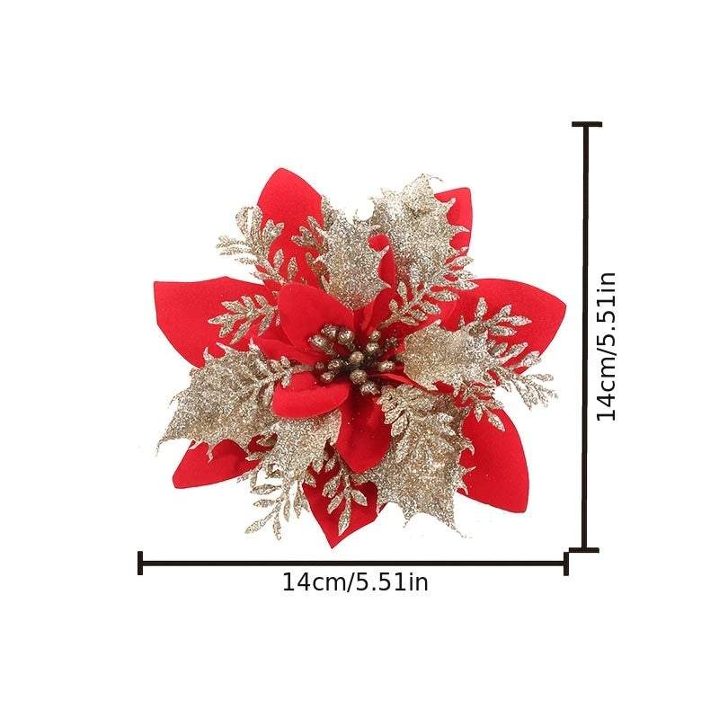 20pcs glitter poinsettia artificial flower red gold Christmas decor 14cm size