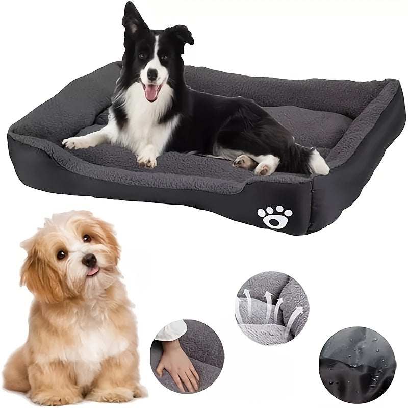 Large washable dog bed with paw print design, plush rectangular kennel for cats, dogs, and small animals, made of durable polyester fiber in multiple colors