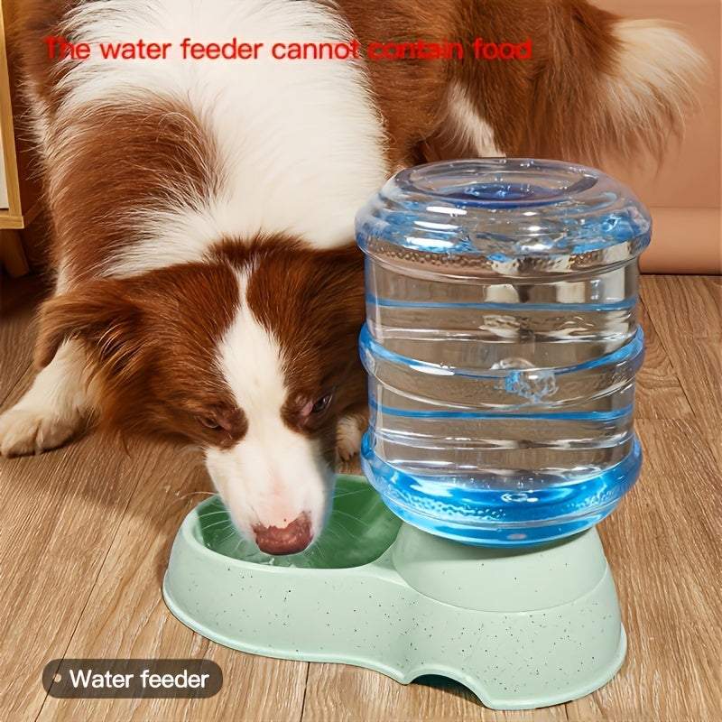 Dog drinking water from large capacity pet water dispenser with green base bowl on wooden floor