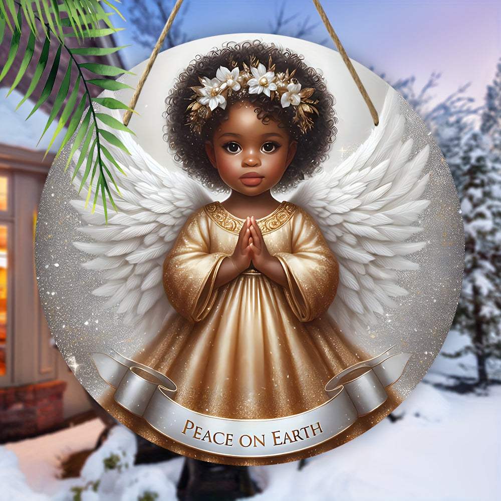 Festive 8x8 inch wooden angel wall decoration with "Peace on Earth" text, featuring a non-black angel in gold dress and white wings, Christmas theme.