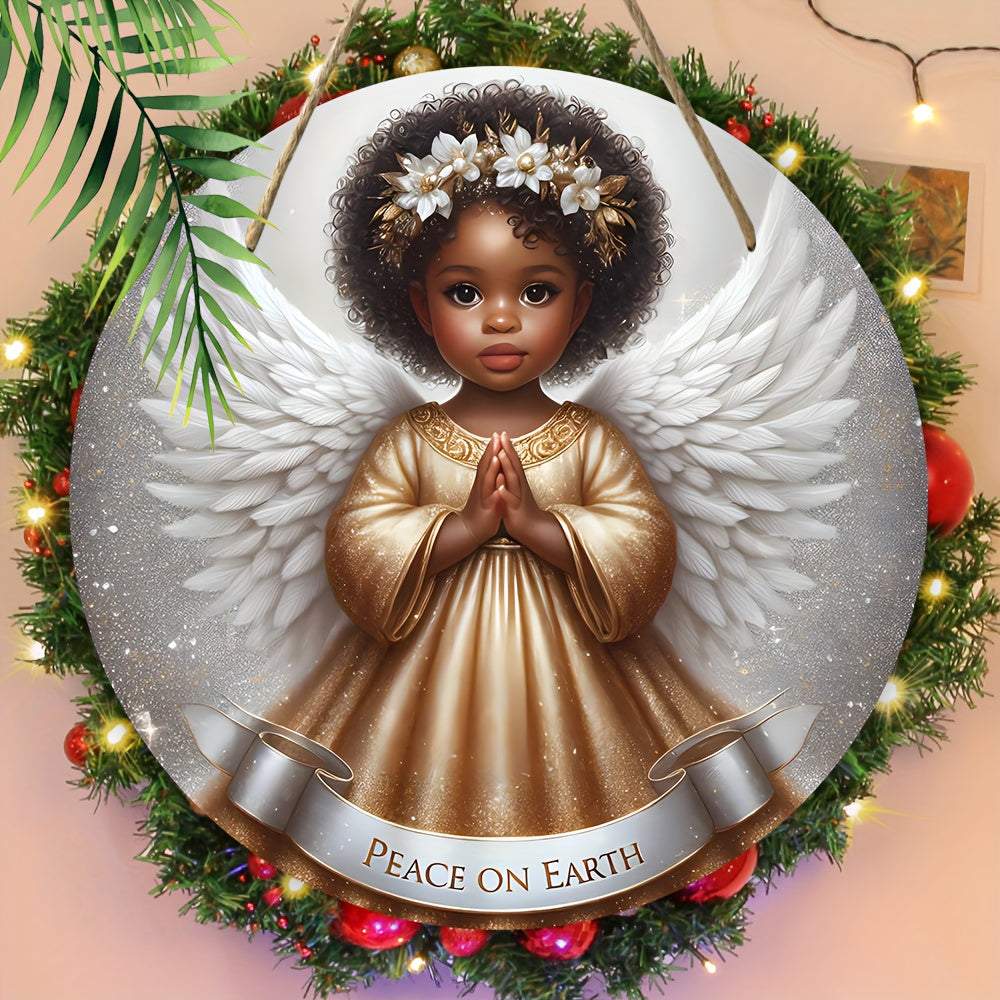 Festive 8x8 inch non-black angel wall decoration with Peace on Earth banner and wings on wood panel