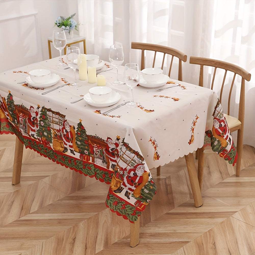 Christmas polyester tablecloth with Santa Claus and snowflake pattern on dining table