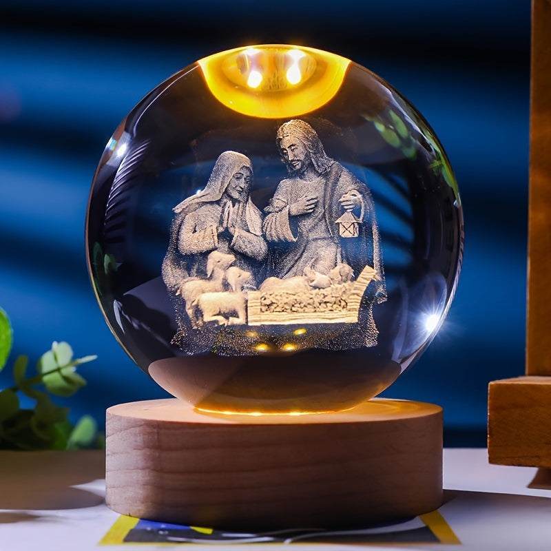 Luminescent crystal ball nightlight with nativity scene on wooden base tabletop decoration