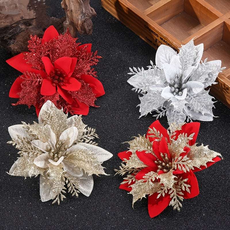 20pcs Glitter Poinsettia artificial flowers in red, silver, and gold for Christmas décor and parties