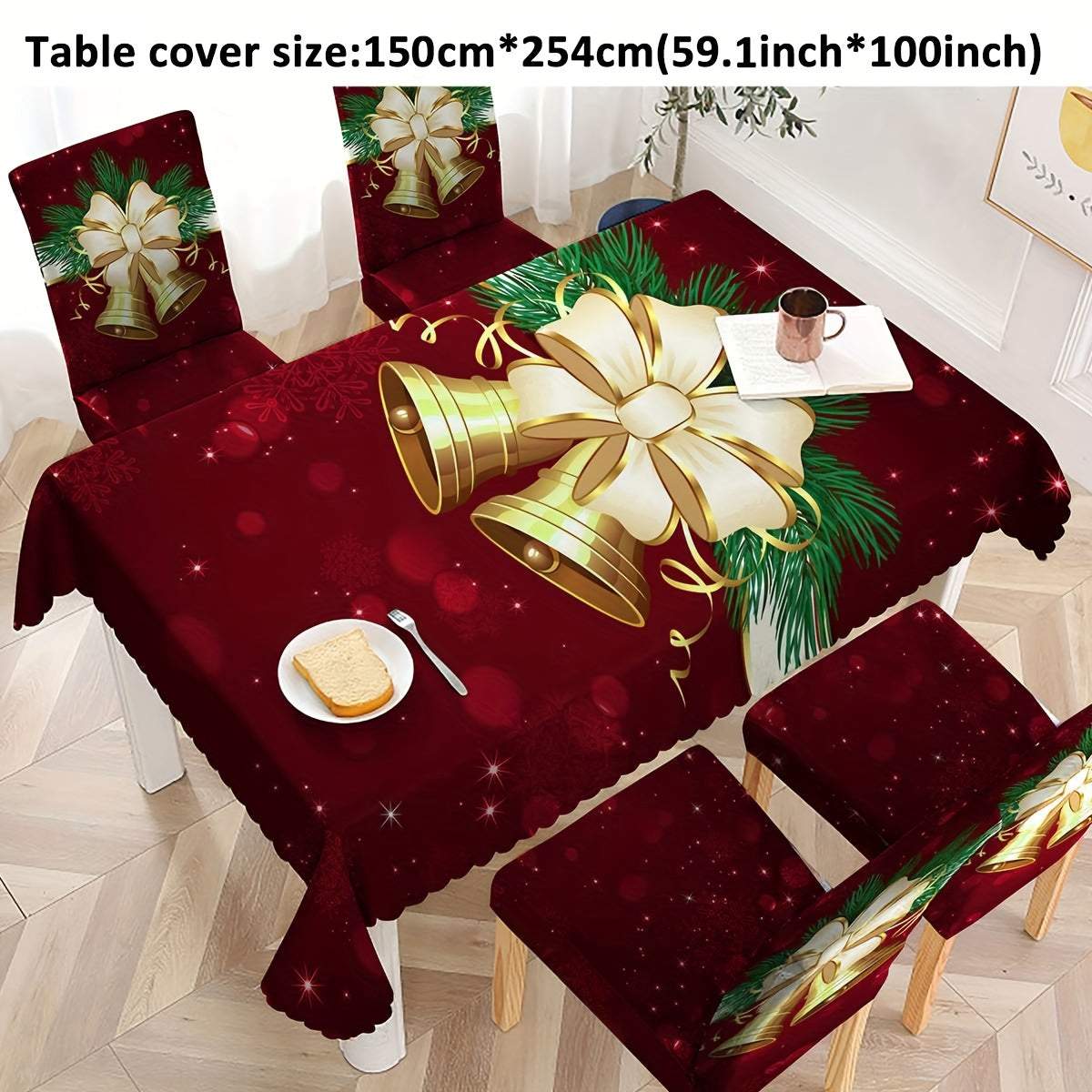Milk velvet elastic Christmas red bells pattern dining chair slipcovers and tablecloth set for festive home decor