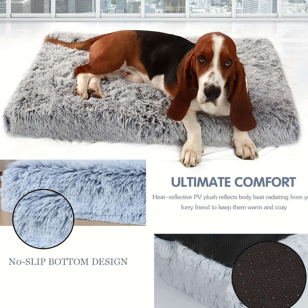 Plush rectangular dog bed with non-slip bottom and heat-reflective soft polyester surface for ultimate comfort for dogs and cats