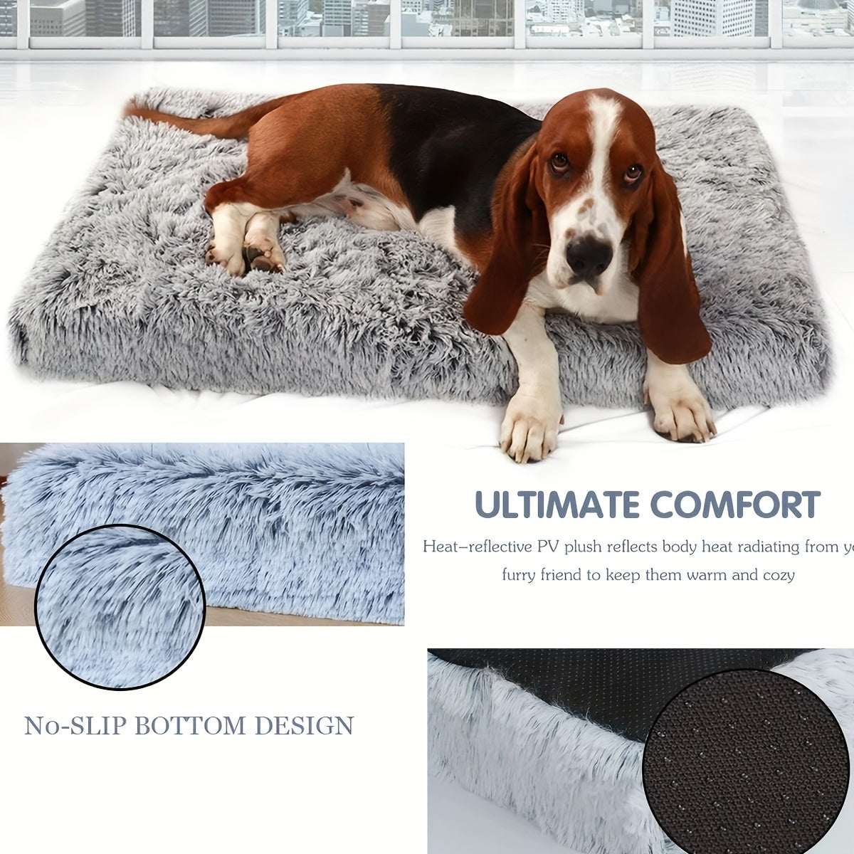 Plush rectangular dog bed with non-slip bottom and heat-reflective soft polyester surface for ultimate comfort for dogs and cats