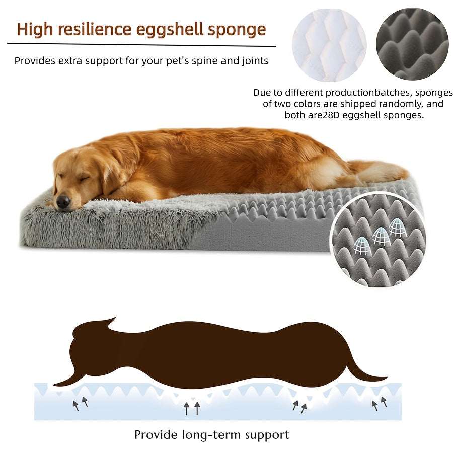 Plush rectangular dog bed with high resilience eggshell sponge for pet spine and joint support, gray non-slip mattress for dogs and cats