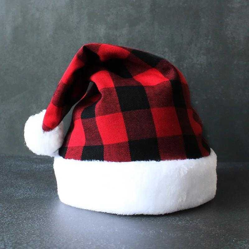 Red and black plaid party Christmas hat with white faux fur trim and pompom