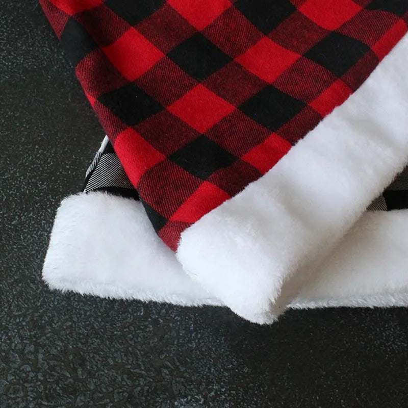 Red and black plaid cotton Party Christmas Hat with white furry trim for holiday decoration and gifts