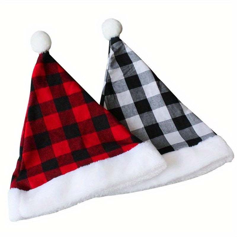 Red and black plaid and white and black plaid party Christmas hats with white trim and pom-poms