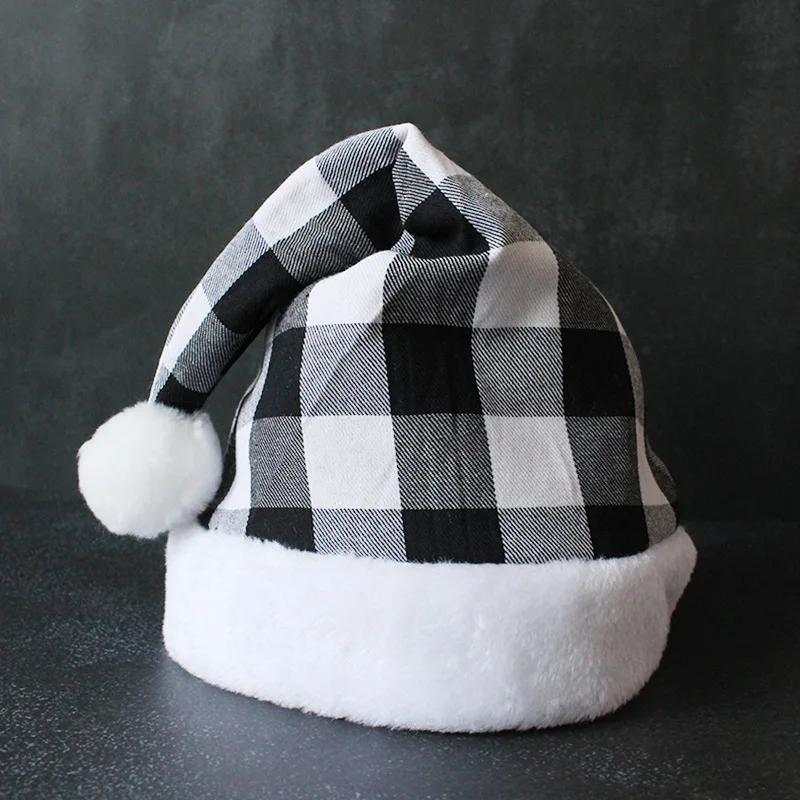 Black and white plaid party Christmas hat with white fur trim and pom pom