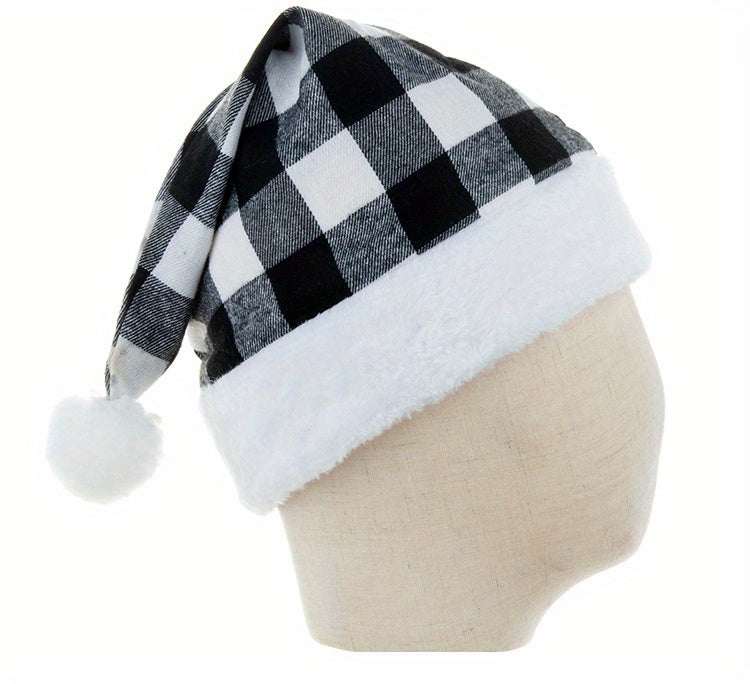 Black and white plaid party Christmas hat with white fluffy trim and pompom on mannequin head