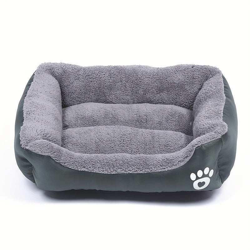 Large washable dog bed with plush gray interior and durable polyester exterior featuring paw print design