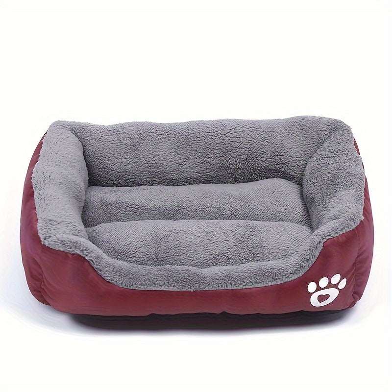 Large washable rectangular dog bed with plush grey interior and maroon exterior featuring paw print design