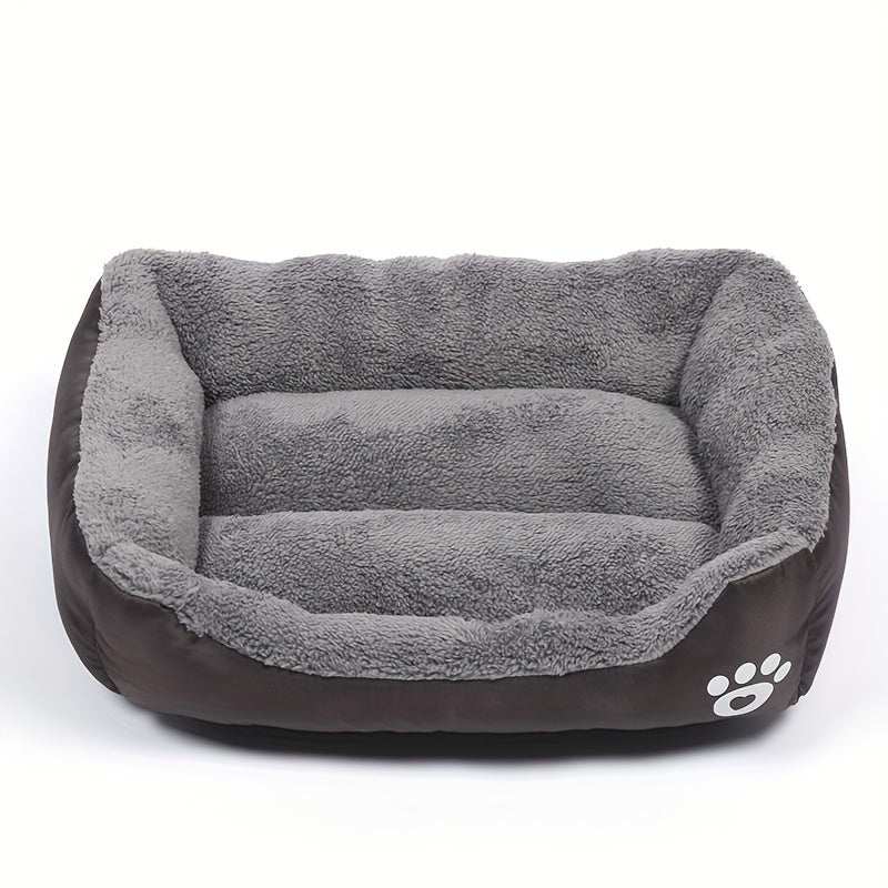 Large washable rectangular dog bed with soft plush gray interior and paw print design on brown polyester fiber exterior