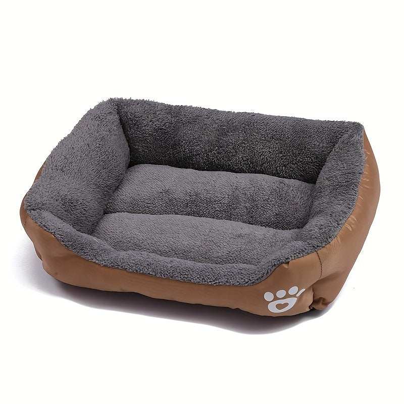 Large washable dog bed with plush gray interior and brown exterior featuring paw print design