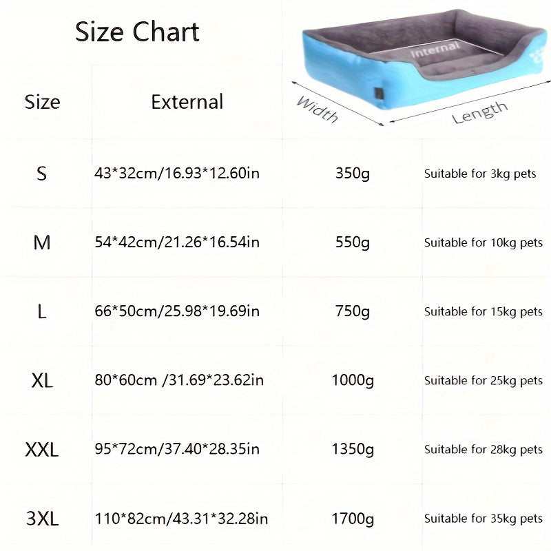 Large washable dog bed with paw print design, rectangular plush polyester fiber kennel, multiple sizes for pets up to 35kg