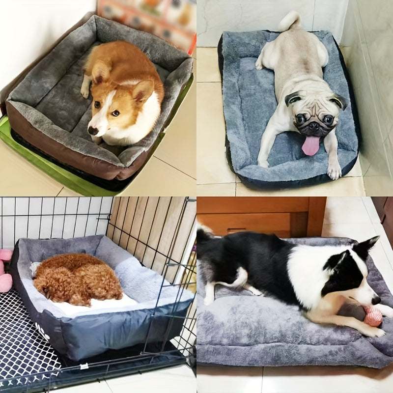 Large washable dog bed with plush rectangular design and paw print pattern, suitable for dogs and small pets, made of durable polyester fiber
