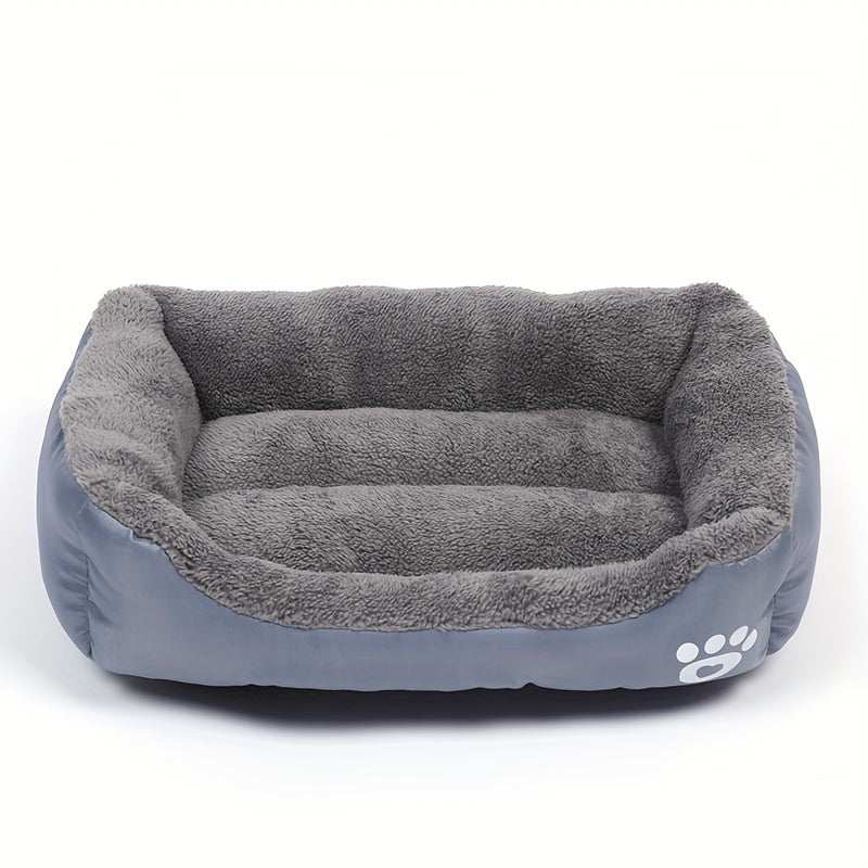 Large washable dog bed with plush gray interior and paw print design, rectangular polyester fiber pet bed for dogs and small animals
