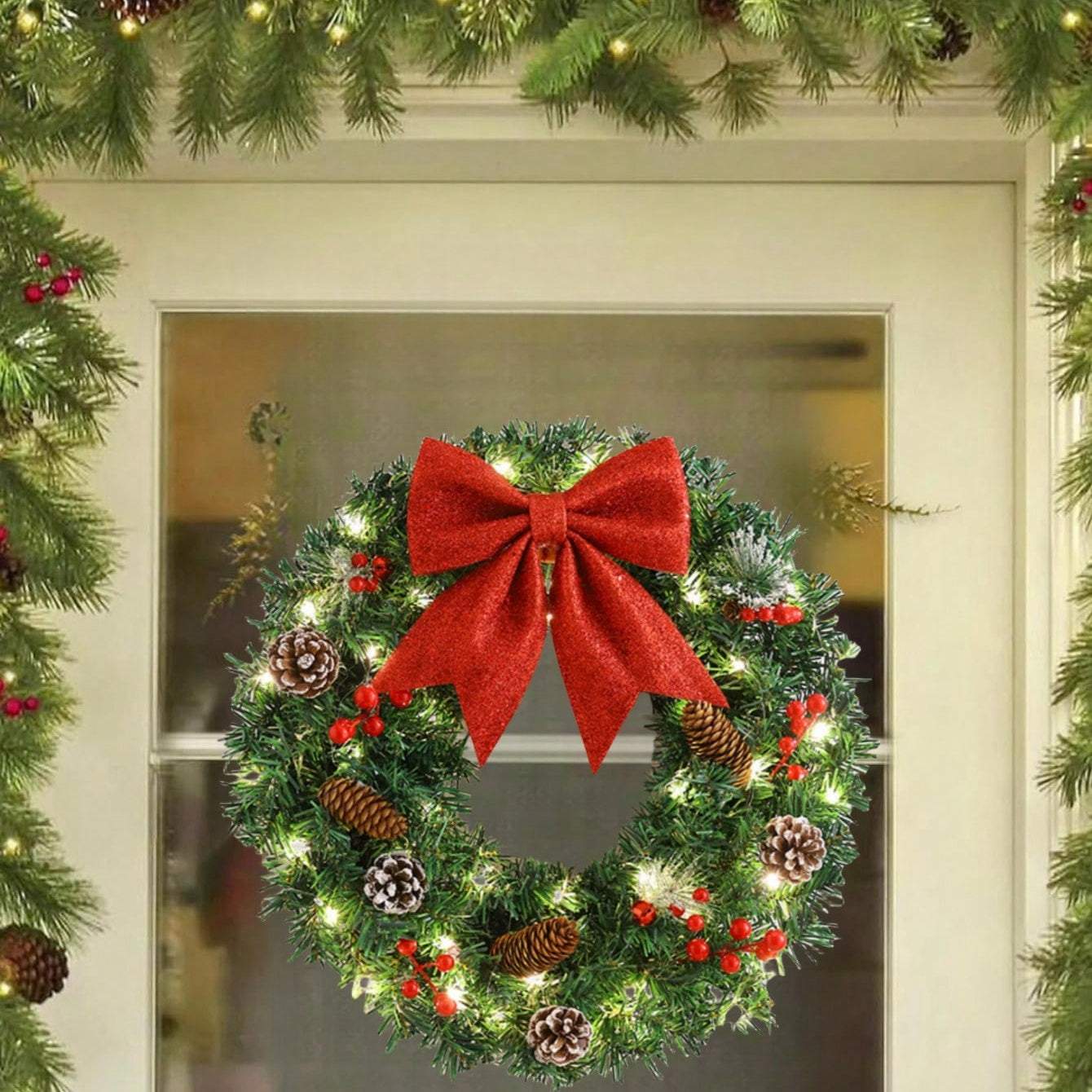 20 Inch Pre-Lit Christmas Wreath with Lights, Large Winter Wreath