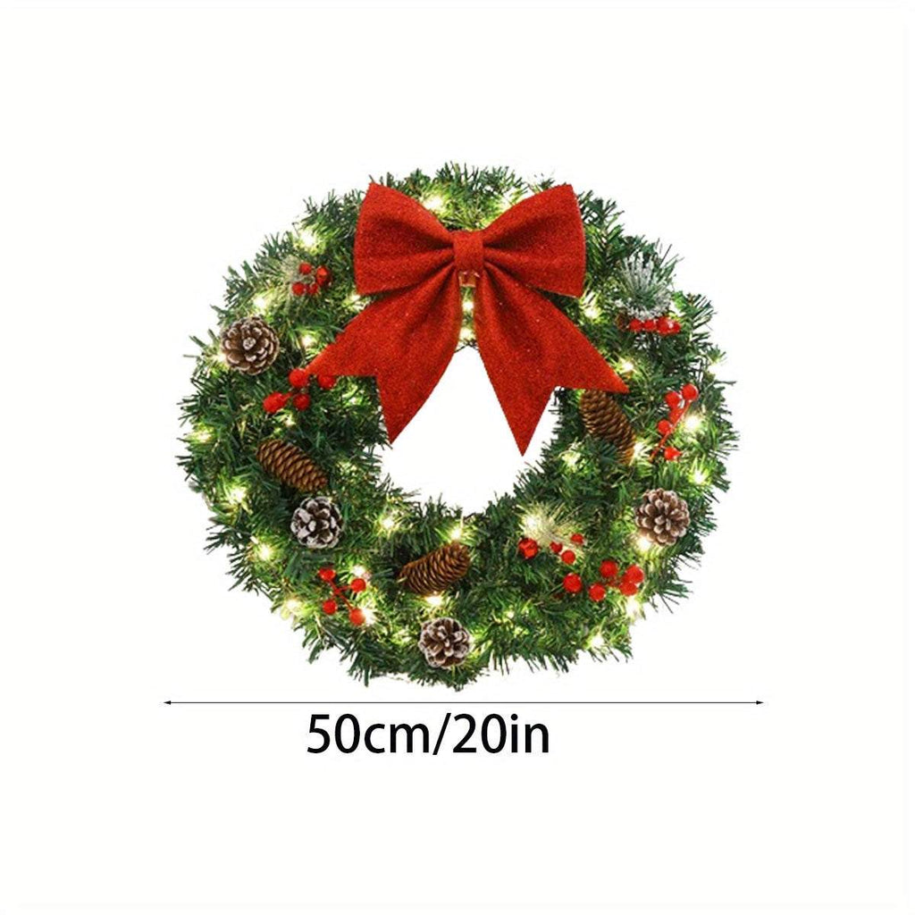 20 Inch Pre-Lit Christmas Wreath with red bow, pine cones, berries, and lights for door decoration