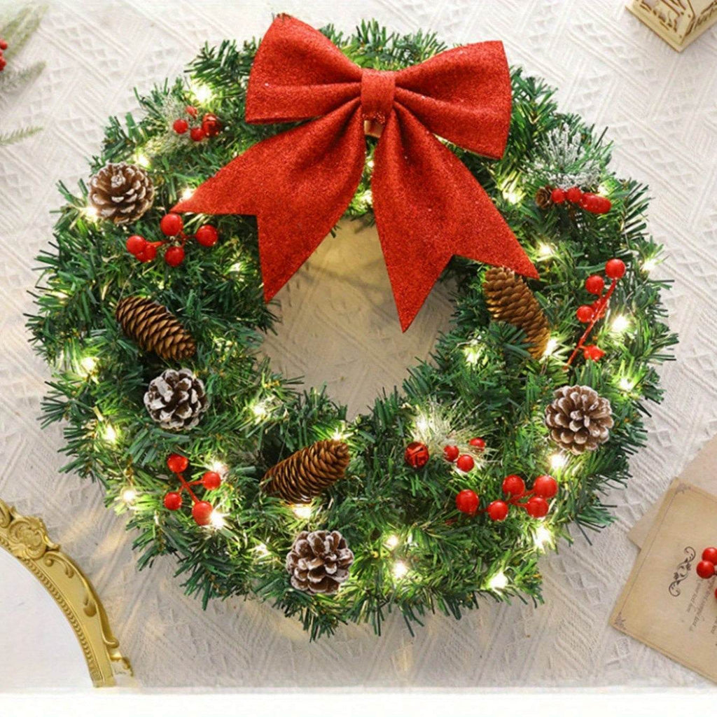 20 Inch Pre-Lit Christmas Wreath with red bow, pine cones, red berries, and warm white lights for holiday door decoration