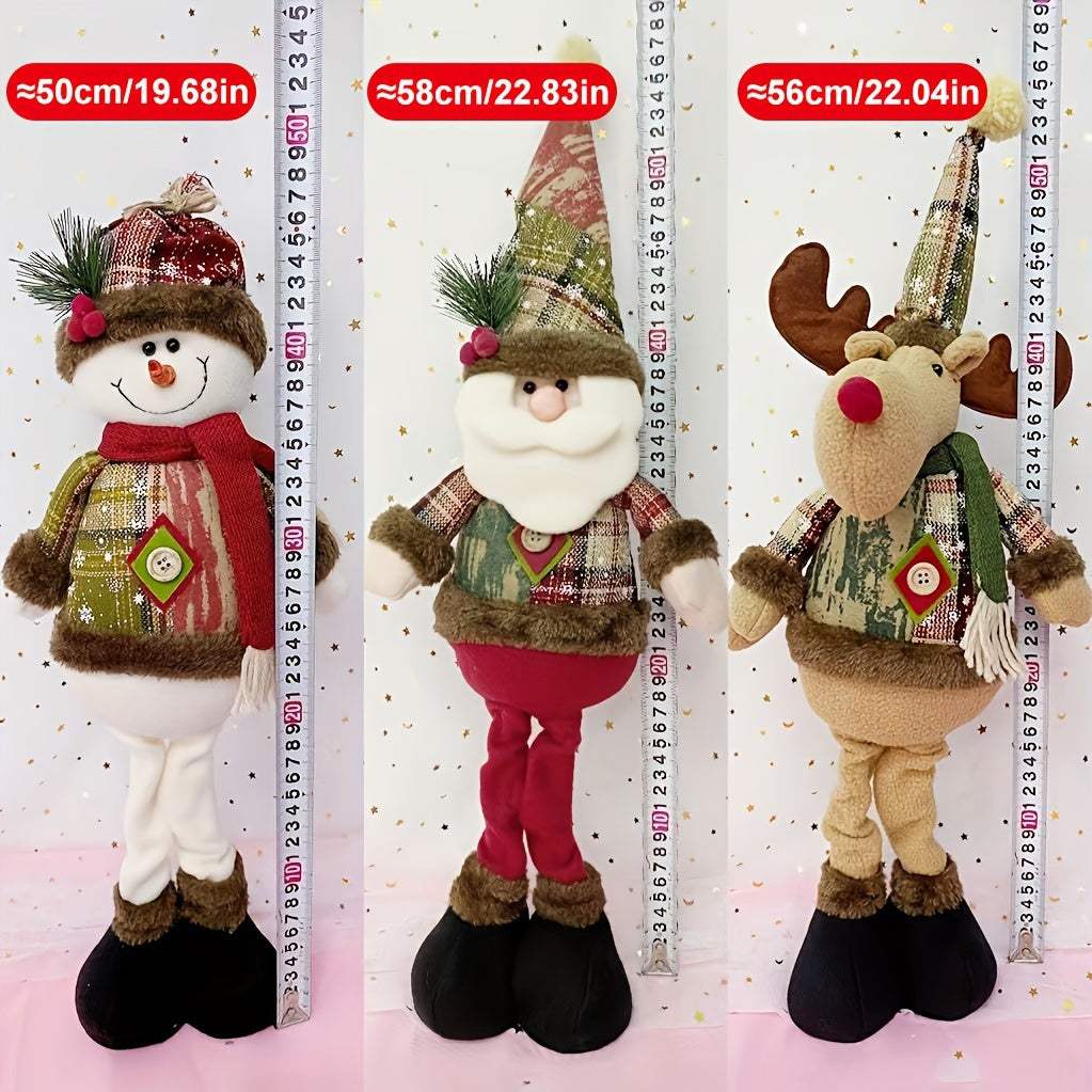 3pcs festive Christmas decor figurines including Santa, snowman, and reindeer standing dolls in fabric design, no power needed, holiday decorations.