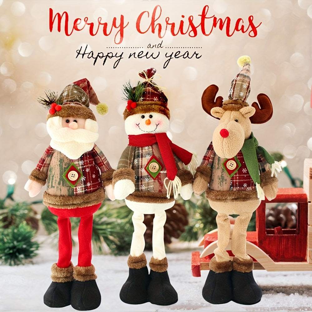3pcs festive Christmas decor fabric figurines including Santa, snowman, and reindeer dolls standing in holiday outfits without power needed