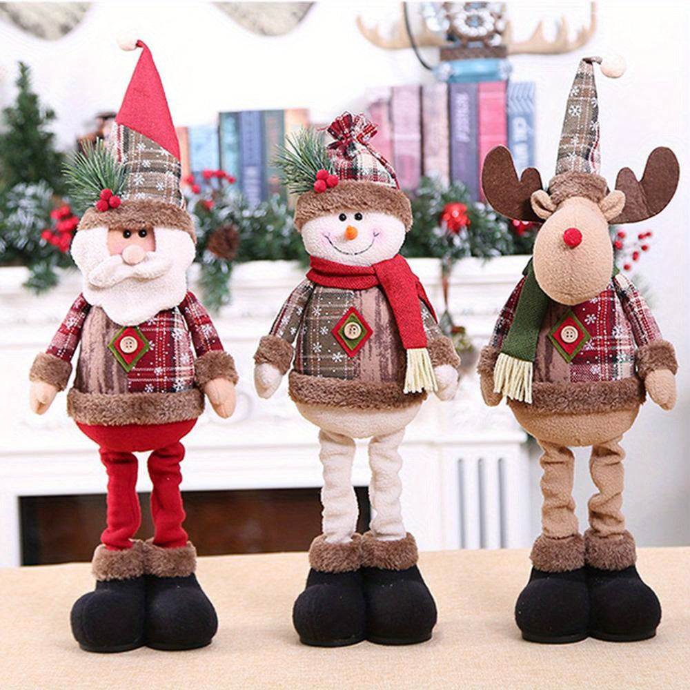 Festive Christmas decor fabric figurines of Santa, snowman, and reindeer standing dolls for holiday display