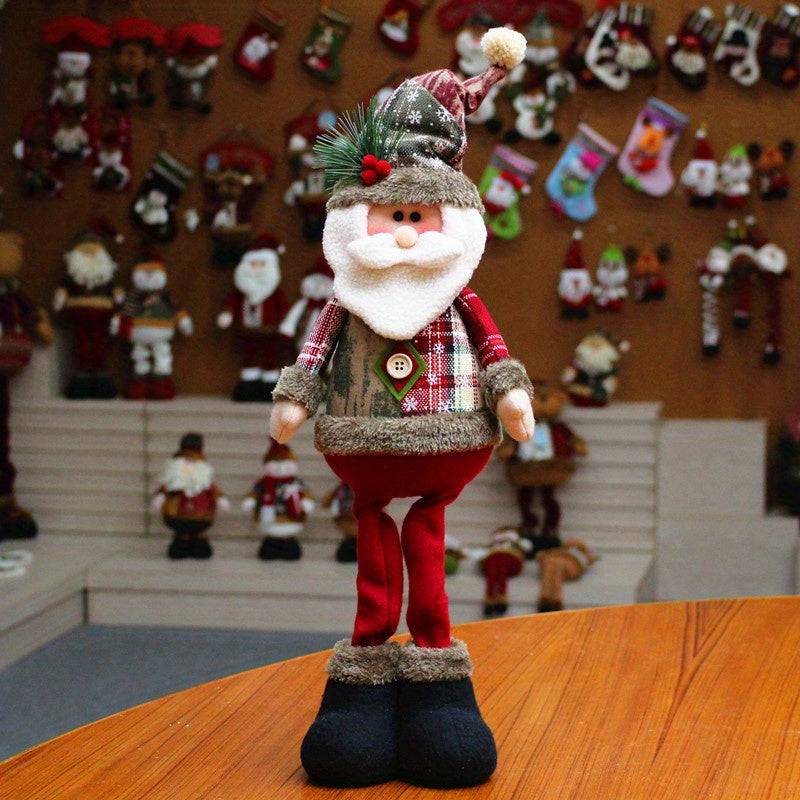 Festive Christmas decor fabric Santa standing doll with plaid outfit and faux fur trim