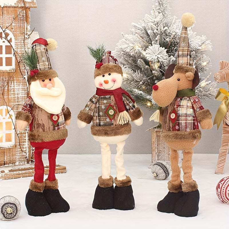 3pcs festive Christmas decor set featuring fabric Santa, snowman, and reindeer standing holiday figurines without power needed