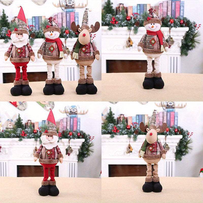 3pcs festive Christmas decor figurines including Santa, snowman, and reindeer dolls in fabric, perfect for holiday display without electricity