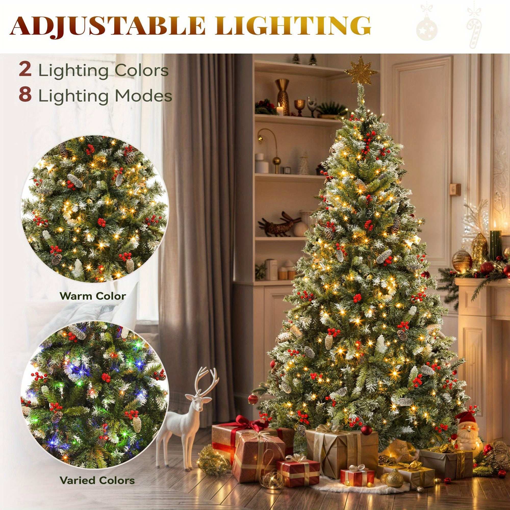 Pre-lit pre-decorated artificial pine Christmas tree with flocked tips, pine cones, red berries, and adjustable warm and varied color lighting for holiday decor