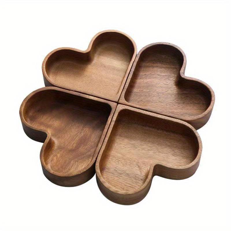 Walnut-colored heart-shaped wooden serving tray made of acacia wood for nuts and appetizers