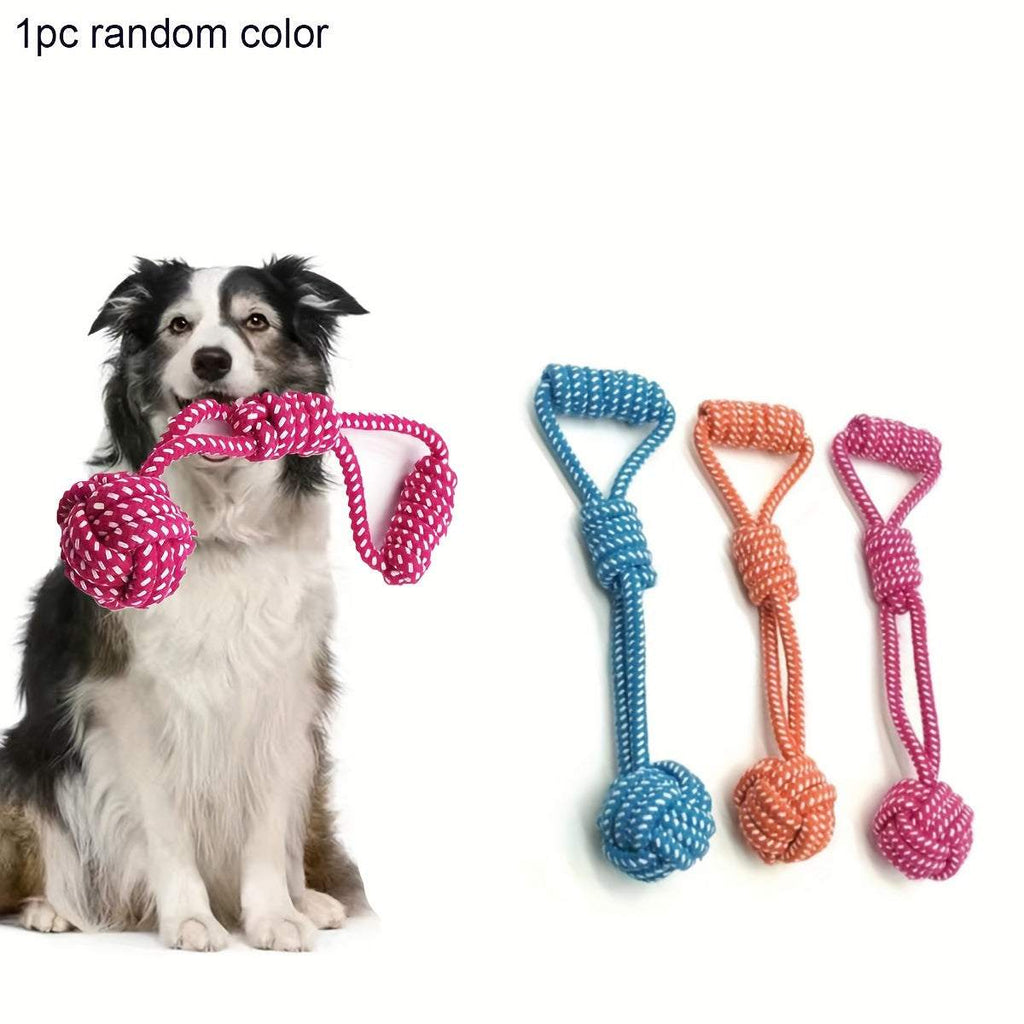 Dog holding pink durable rope toy with ball, three colorful dog rope toys for all breeds.