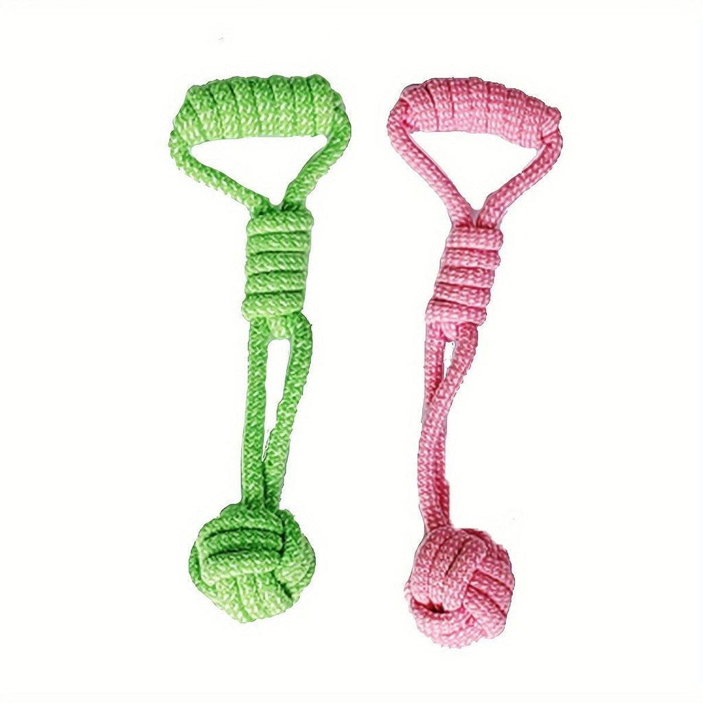 Durable dog rope toys with balls in green and pink polyester blend for chewing and tug play