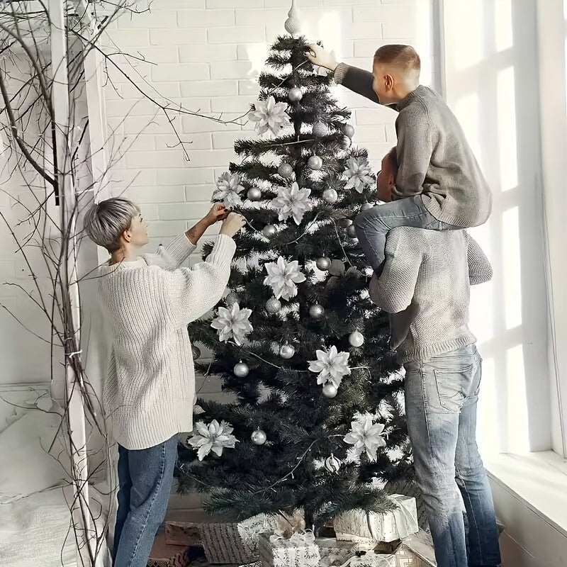 Family decorating Christmas tree with 20pcs glitter poinsettia artificial flowers and silver ornaments