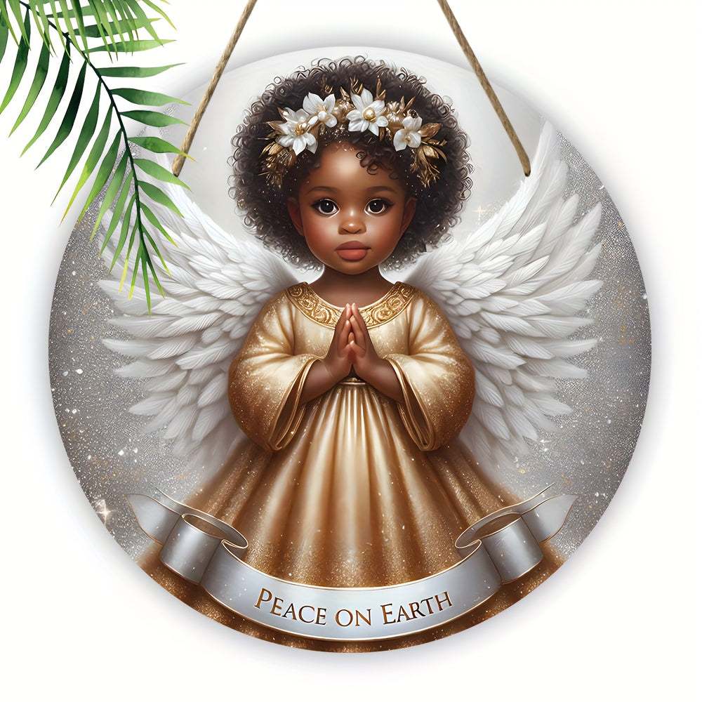 Festive 8x8 inch non-black angel wall decoration with "Peace on Earth" banner, printed on wood, featuring a praying angel with white wings and gold dress, hanging decor.