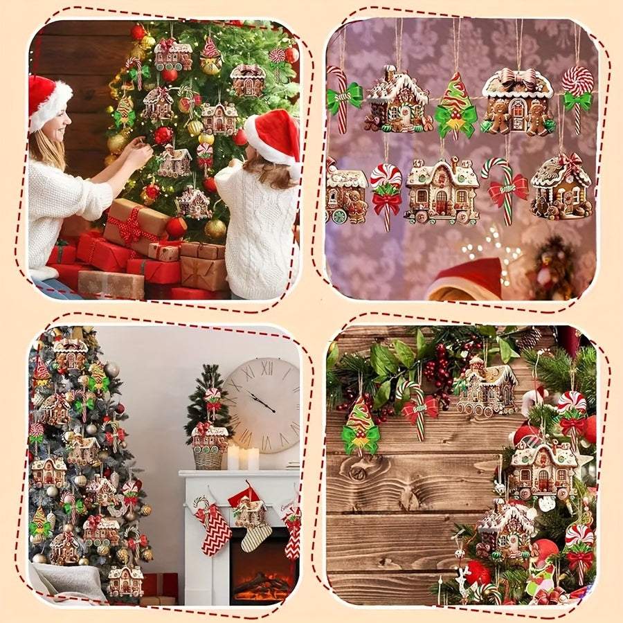 24pcs Christmas decor set with candy, gingerbread house, and tree wooden ornaments for holiday gifting and family parties