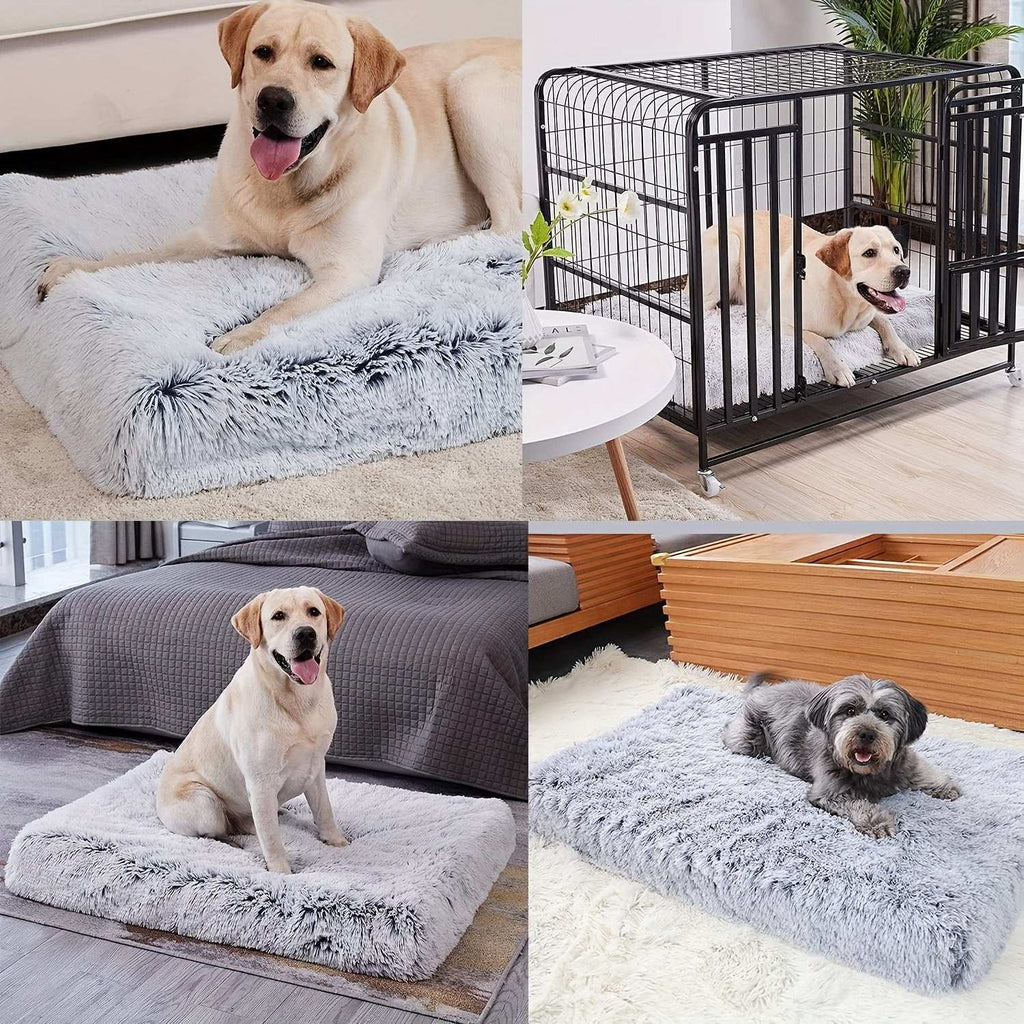 Plush rectangular dog bed with soft gray faux fur, suitable for large, medium, and small dogs and cats for deep sleep and comfort.
