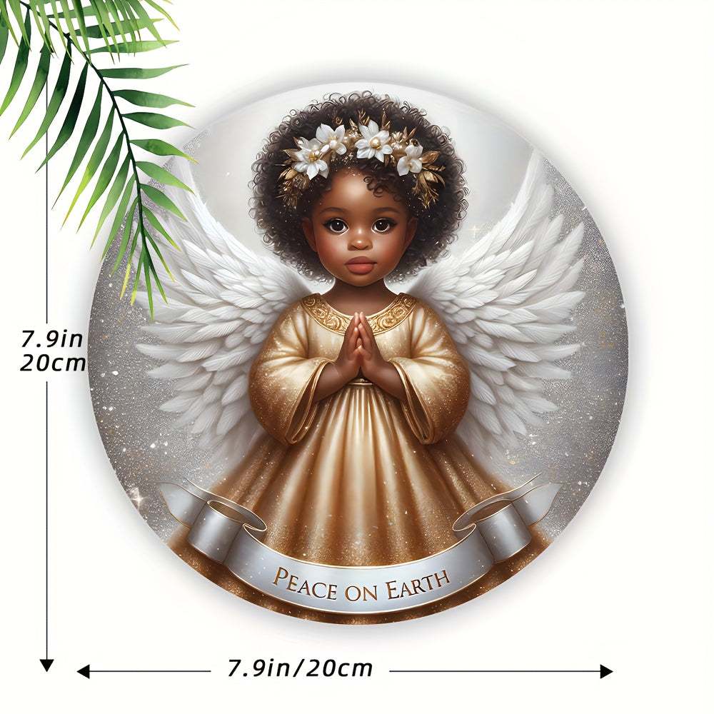 Festive 8x8 inch non-black angel wall decoration with "Peace on Earth" text, 2D printed on wood, Christmas-themed multi-purpose wall hanging