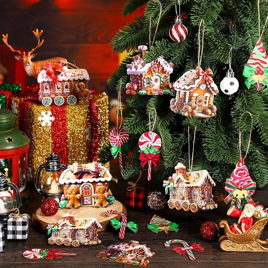 24pcs wooden Christmas decor set with candy, gingerbread house, and tree ornaments hanging on a green Christmas tree for holiday decoration and gifting