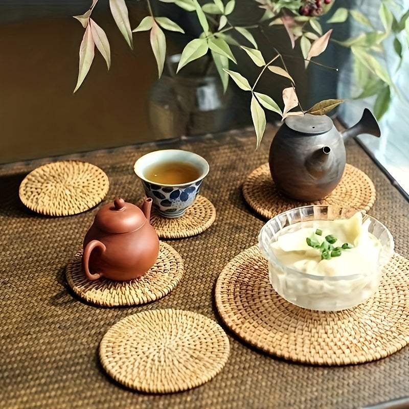 Handmade Rattan Coasters - Heat Resistant Non-Slip Drink Mats for Kitchen And Dining Room Decoration | Tea Mats | Tabletop Protective Coasters - Kendoro