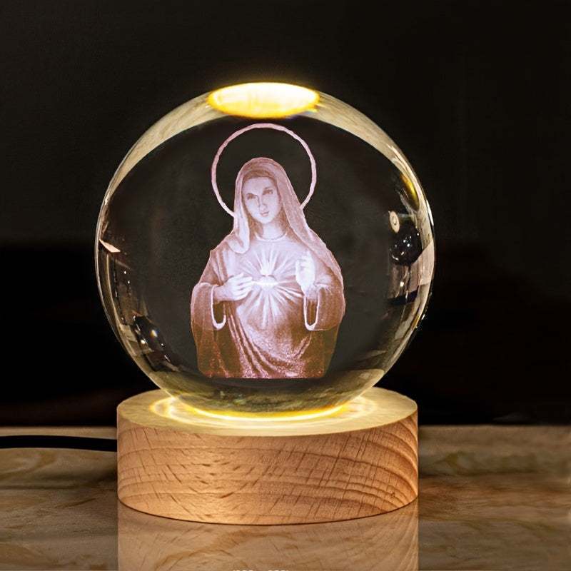 Luminescent crystal ball nightlight with 3D religious figure on wooden base, powered by USB plug
