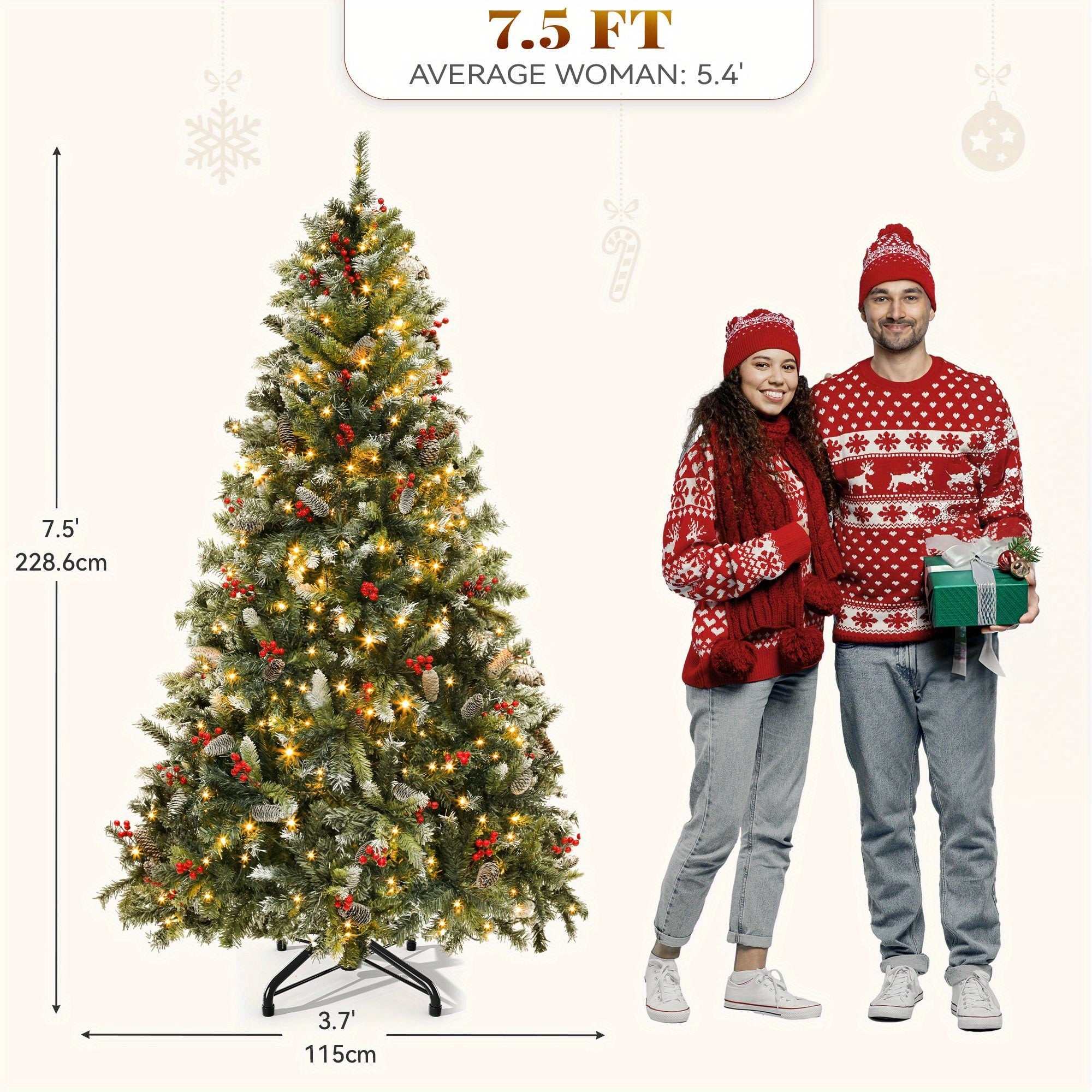7.5 ft pre-lit pre-decorated pine Christmas tree with flocked tips, pine cones, red berries, and lights next to couple in red holiday sweaters