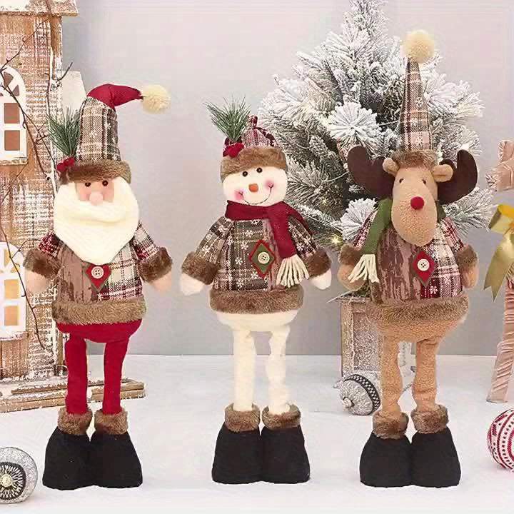3pcs festive Christmas decor fabric figurines including Santa, snowman, and reindeer dolls for holiday display