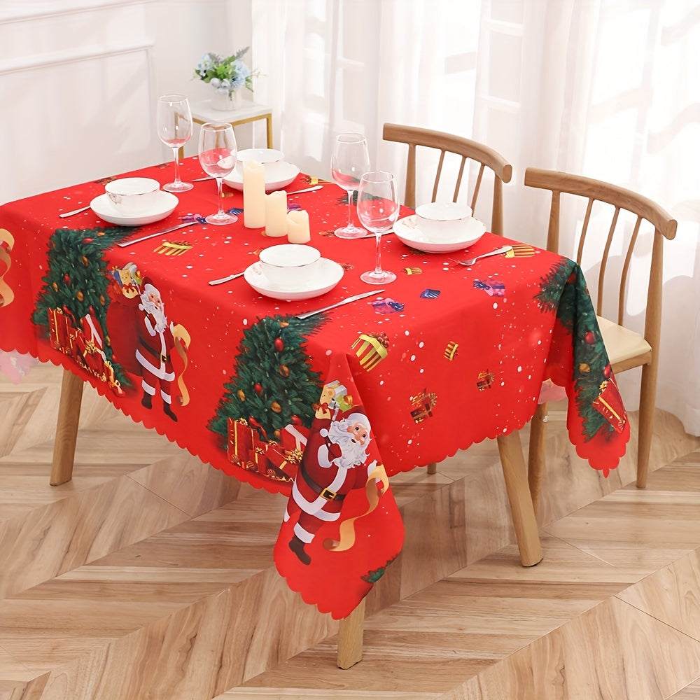 Red polyester Christmas tablecloth with Santa Claus and snowflake pattern on wooden dining table