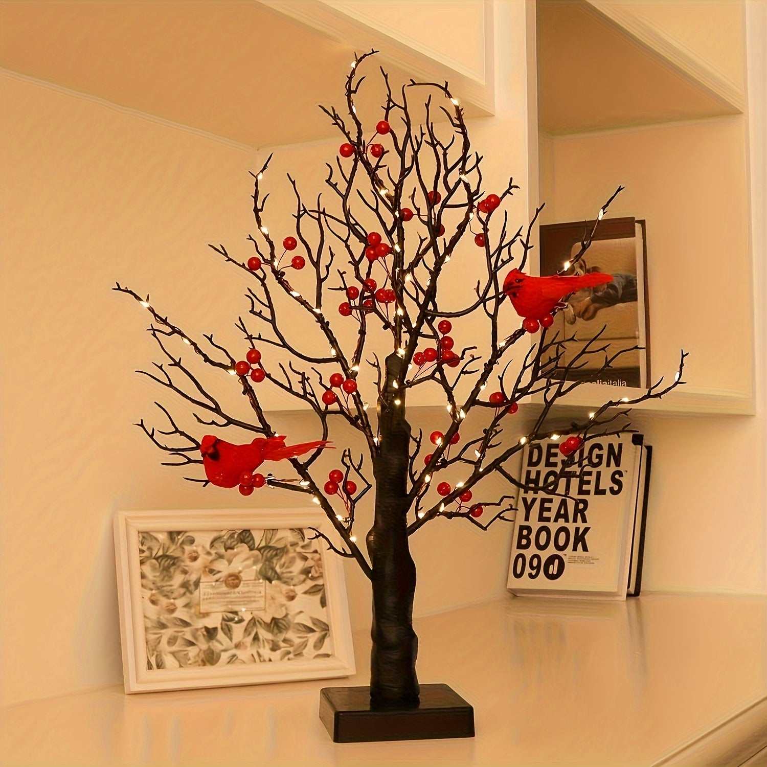 21-inch tabletop decor bonsai tree with 60 warm LED lights, black artificial birch branches, red bird ornaments for indoor home and office decoration
